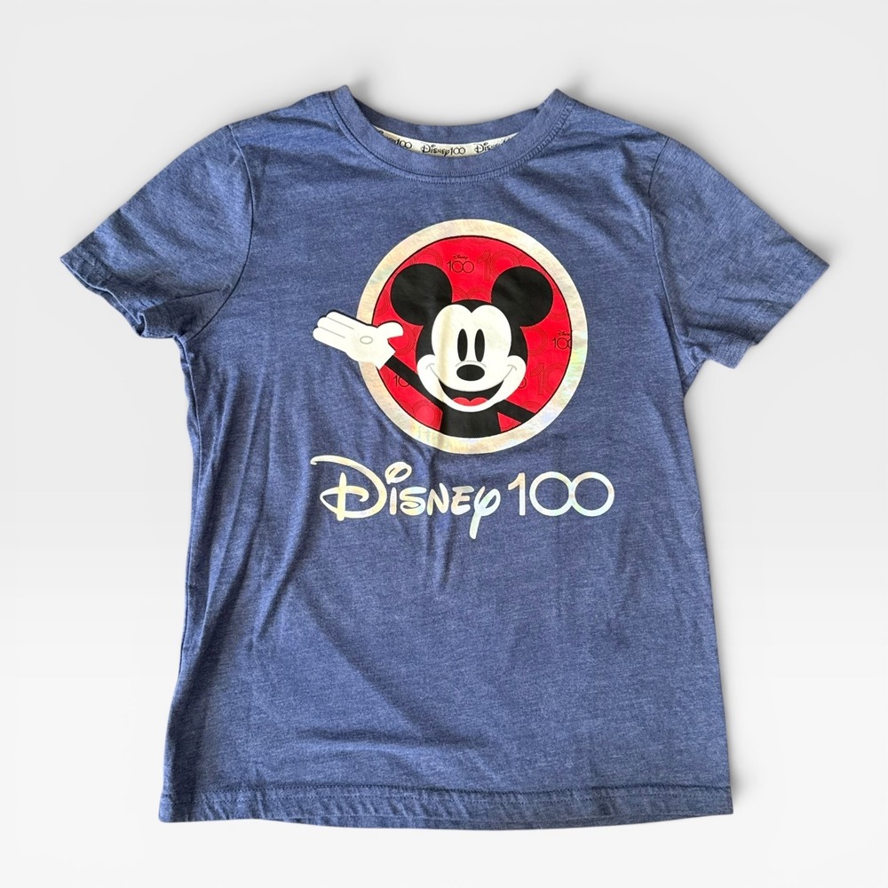 Disney 100 Mickey Mouse Kids T-Shirt Blue Heather Anniversary Tee Size M 7/8